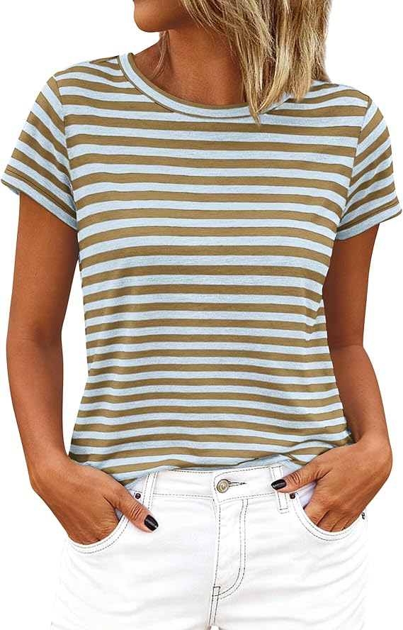 BTFBM Tops for Women Trendy Summer 2026 Crew Neck Short Sleeve T Shirts Striped Casual Vacation Blouse Loose Basic Tee