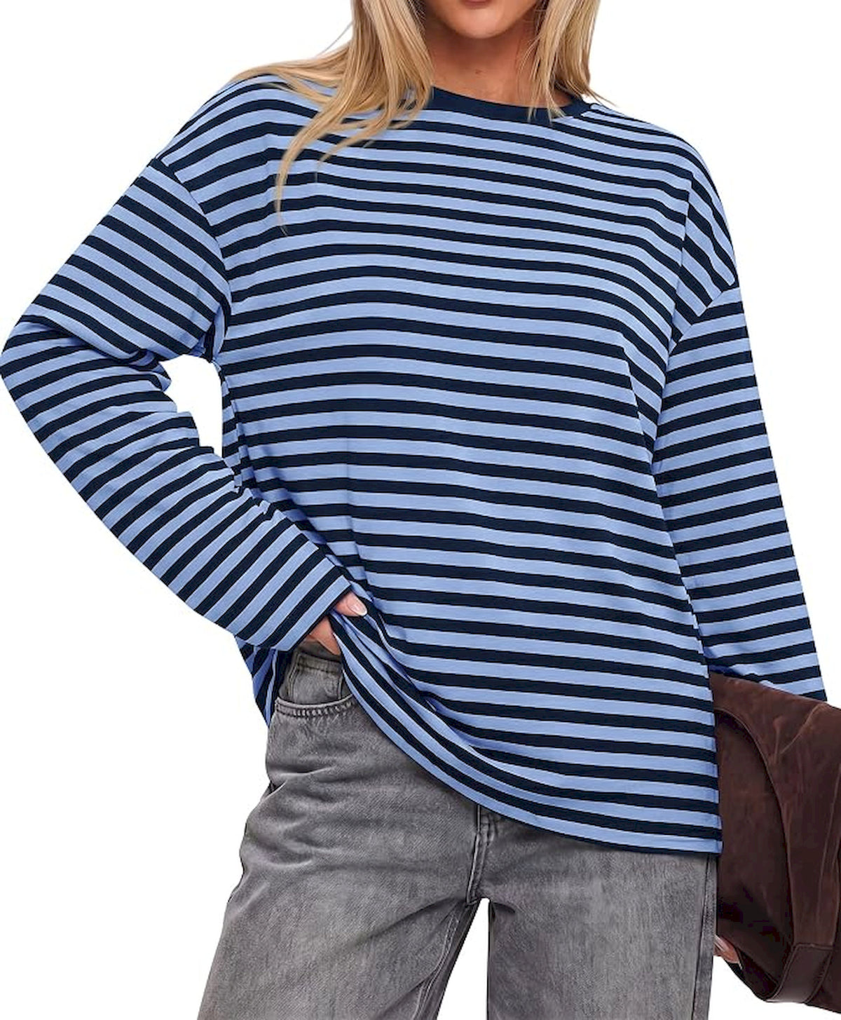 BTFBM Womens Long Sleeve Tops 2026 Fall Fashion | Lightweight, Crew Neck, Oversized Striped Shirt Women, Y2k Clothes, Vacation Travel Outfits, Going Out Top, Winter Layering