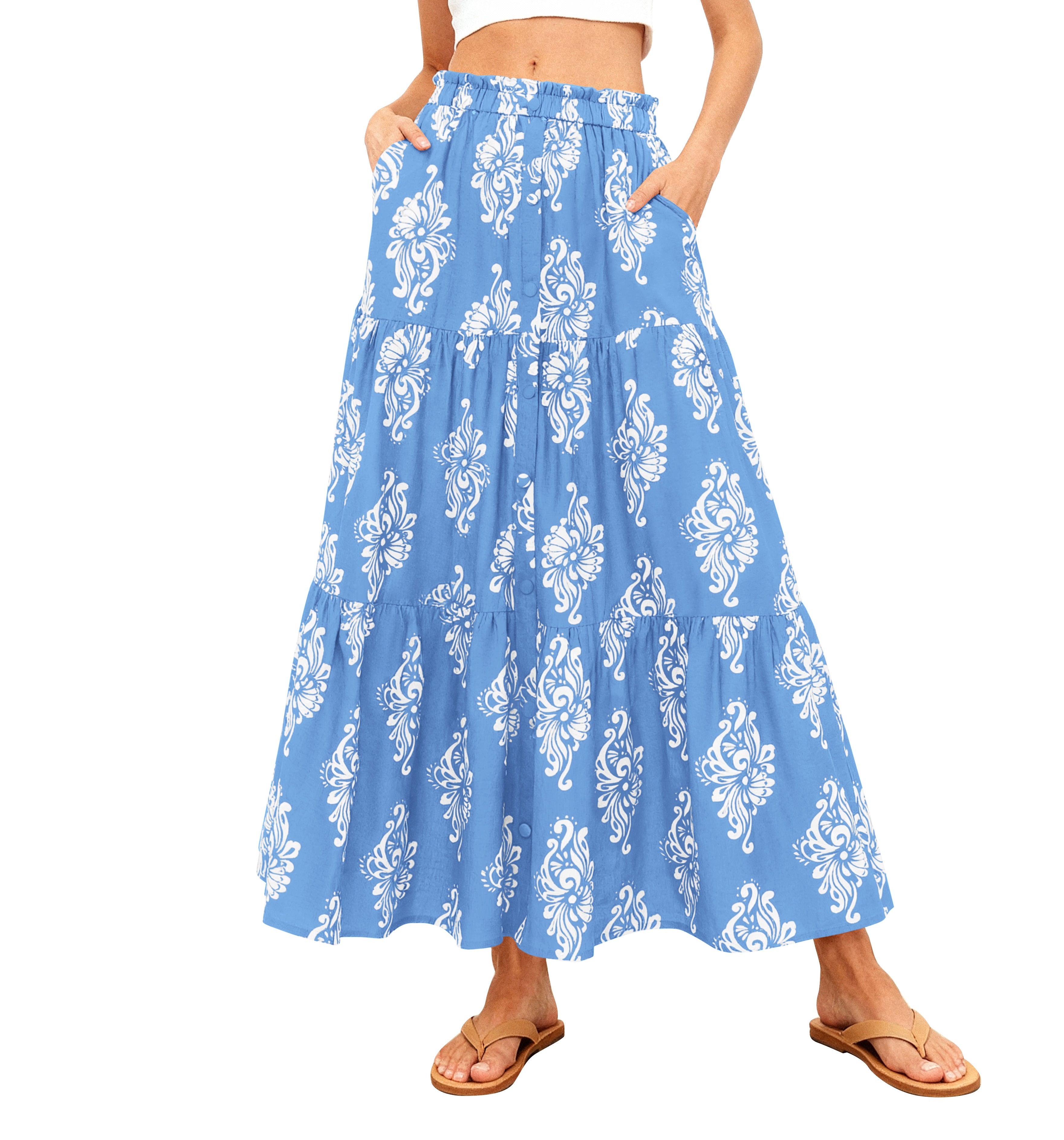 BTFBM Long Skirts for Women Summer 2026 Elastic High Waist Flowy A Line Casual Boho Tiered Floral Maxi Skirt Pockets