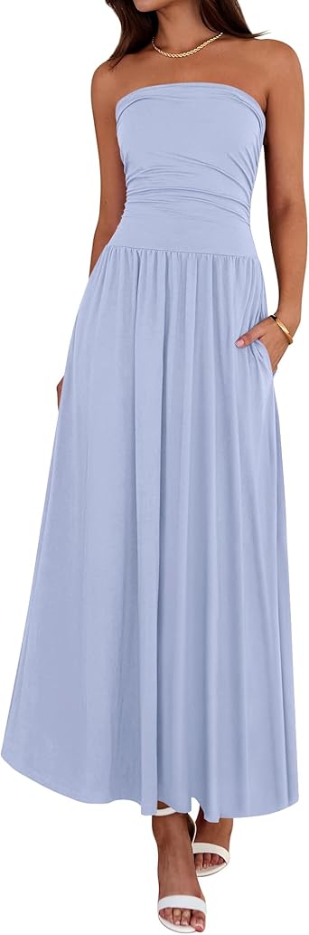 BTFBM Summer Maxi Dresses for Women 2026 Strapless Ruched Tube Top Beach Vacation Spring Wedding Guest Dress Pockets