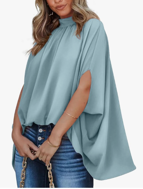 BTFBM Womens Summer Tops 2026 Mock Neck Batwing Sleeve Silk Satin Shirts Loose Oversized Dressy Casual Spring Blouses