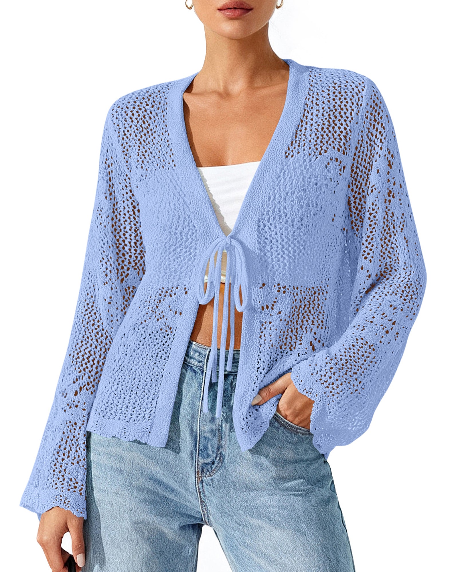 BTFBM Summer Cardigans For Women Lightweight 2026 Spring Crochet Mesh Long Sleeve Tie Front Knit Beach Vacation Outfits