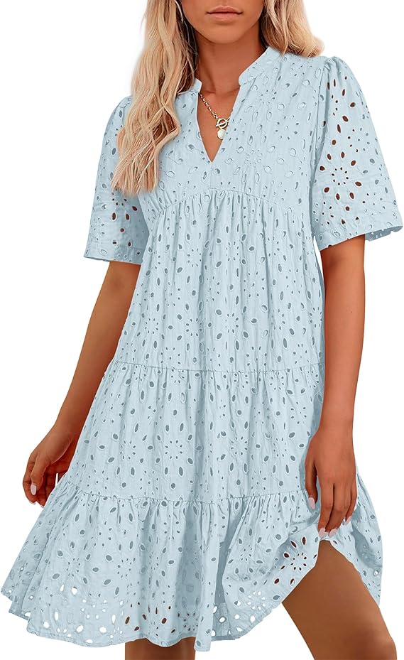 BTFBM Womens Boho Summer Dresses 2026 Spring V Neck Short Sleeve Hollow Out Lace Ruffle Casual Beach Mini Vacation Dress