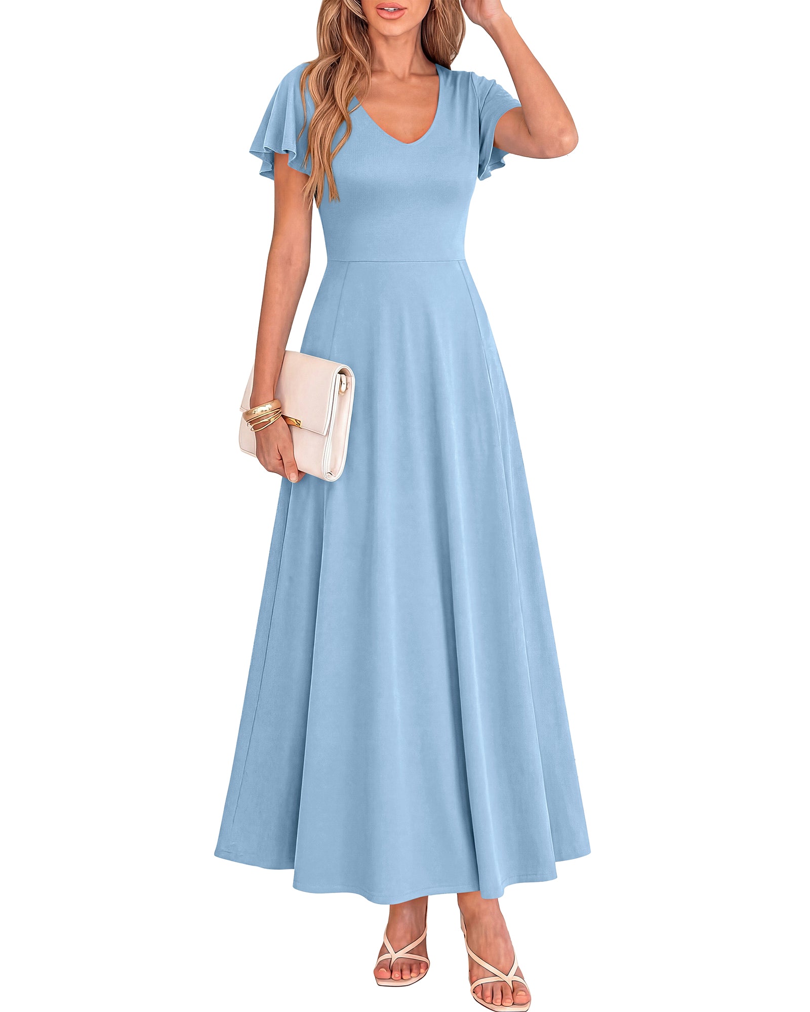 BTFBM Formal Dresses for Women Summer Outfits V Neck Ruffle Sleeve A Line Maxi Elegant Cocktail Wedding Guest Dress 2026