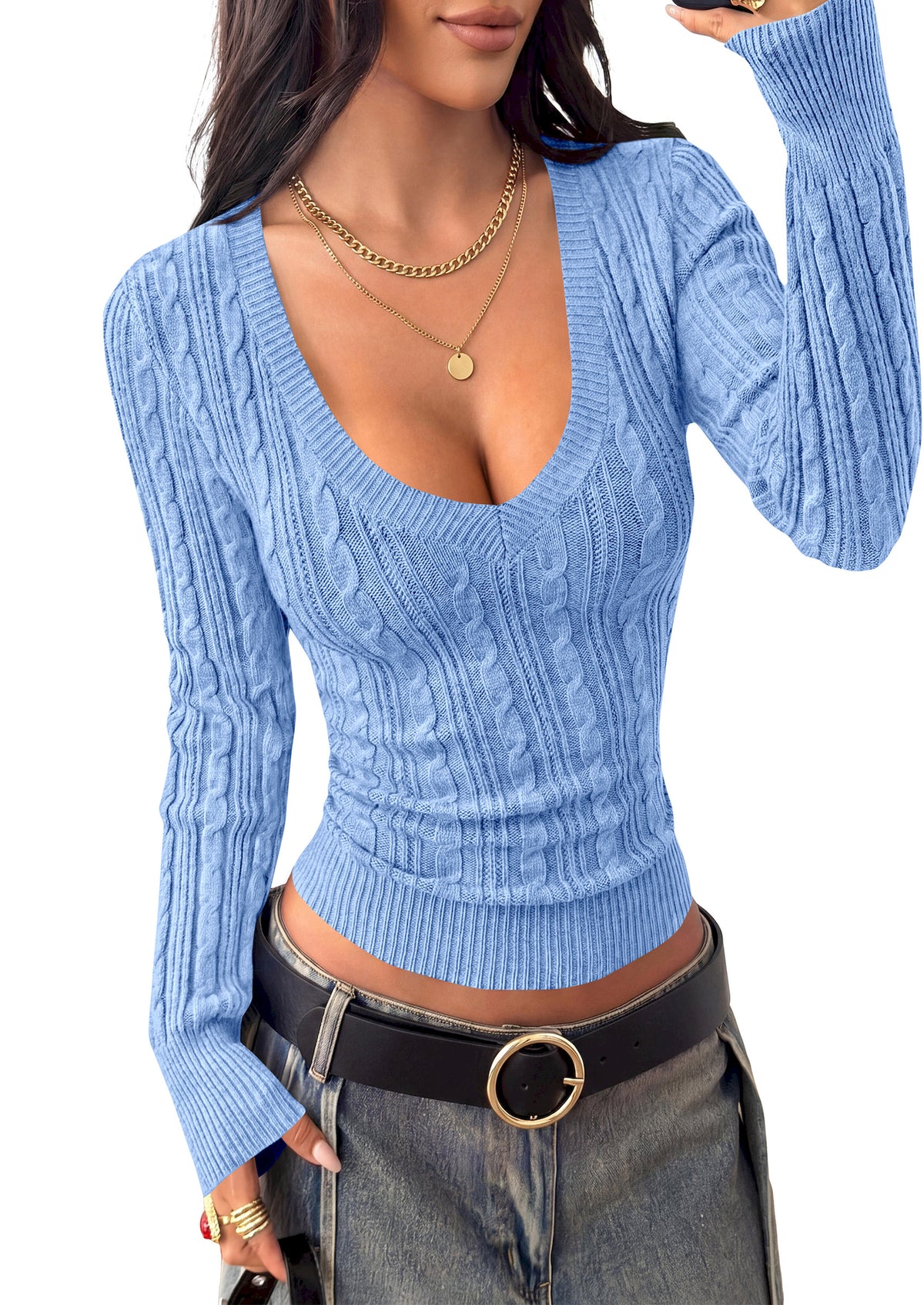 BTFBM Womens Sweaters Cable Knit V Neck Long Sleeve Tops | Lightweight Ribbed Fitted Pullover,Y2K Going Out Top,Basic Tunic Daily Wear Fall 2026,Dressy Work Business Casual Outfits