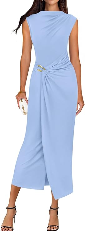 BTFBM Dresses for Women 2026 Summer Clothes Formal Bodycon Mock Neck Cap Sleeve Midi Party Cocktail Wedding Guest Dress