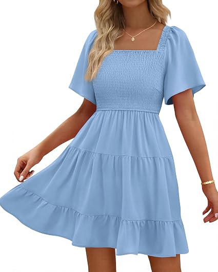 BTFBM Dresses Women Square Neck Ruffle Sleeve Smocked Short Dress  Casual Flared Short Sleeve,Two Side Pockets,A Line,High Waist,Flutter Summer Dress For Women,Swing Boho Beach Dress