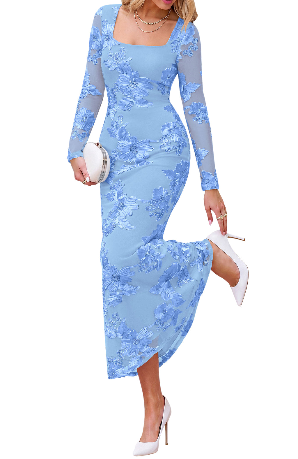 BTFBM Womens Long Sleeve Bodycon Floral Mesh Maxi Fall Wedding Guest Dress