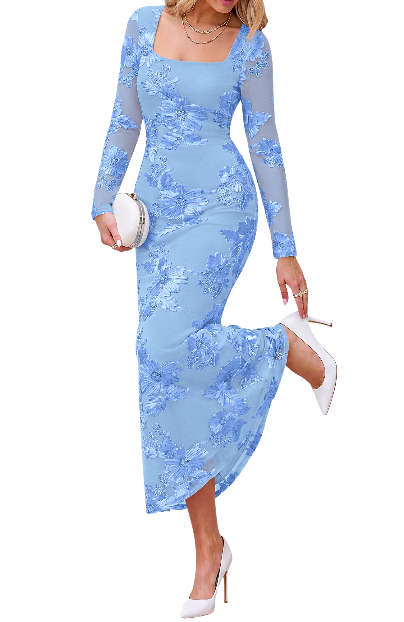 BTFBM Womens Long Sleeve Bodycon Floral Mesh Maxi Fall Wedding Guest Dress