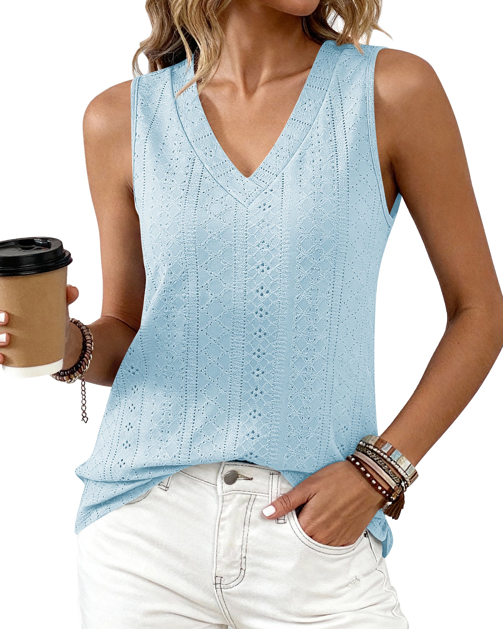 BTFBM Womens Tank Tops 2026 Summer Eyelet Crossed V Neck Sleeveless Casual Loose Fit Basic Spring Top Vacation Outfits