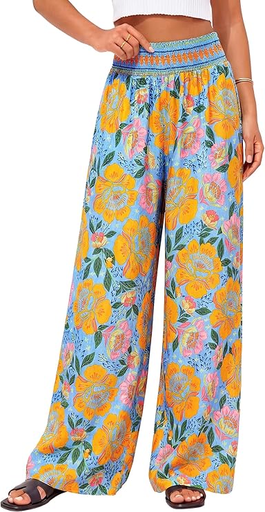 BTFBM Floral Wide Leg Pants Woman Spring Summer 2026 Smocked Elastic Waist Long Pant Resort Wear Beach Vacation Outfits