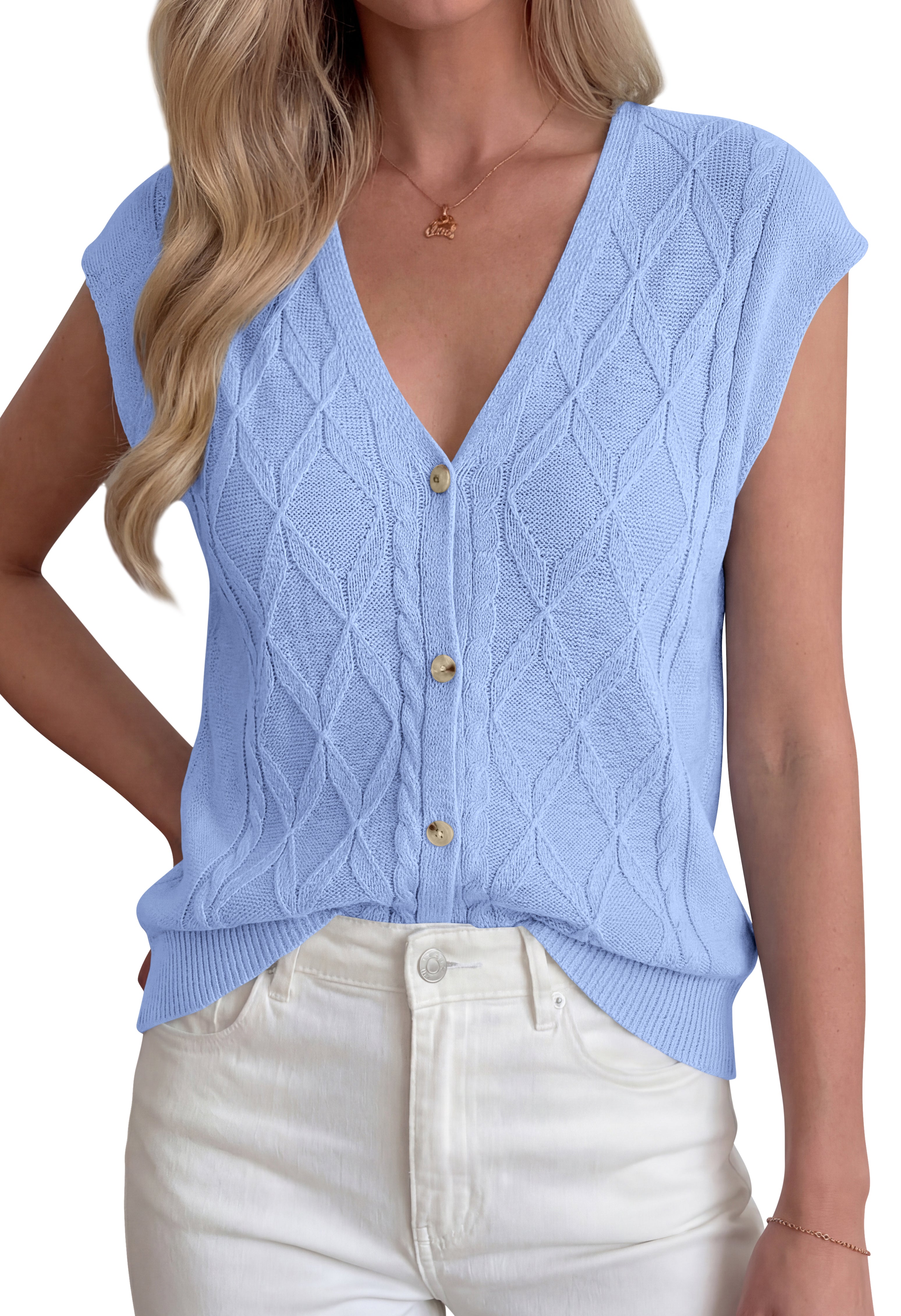 BTFBM Sweater Vest Women V Neck Cap Sleeve Button Down Knit Tops Spring Summer 2026 Casual Lightweight Cardigan Vests