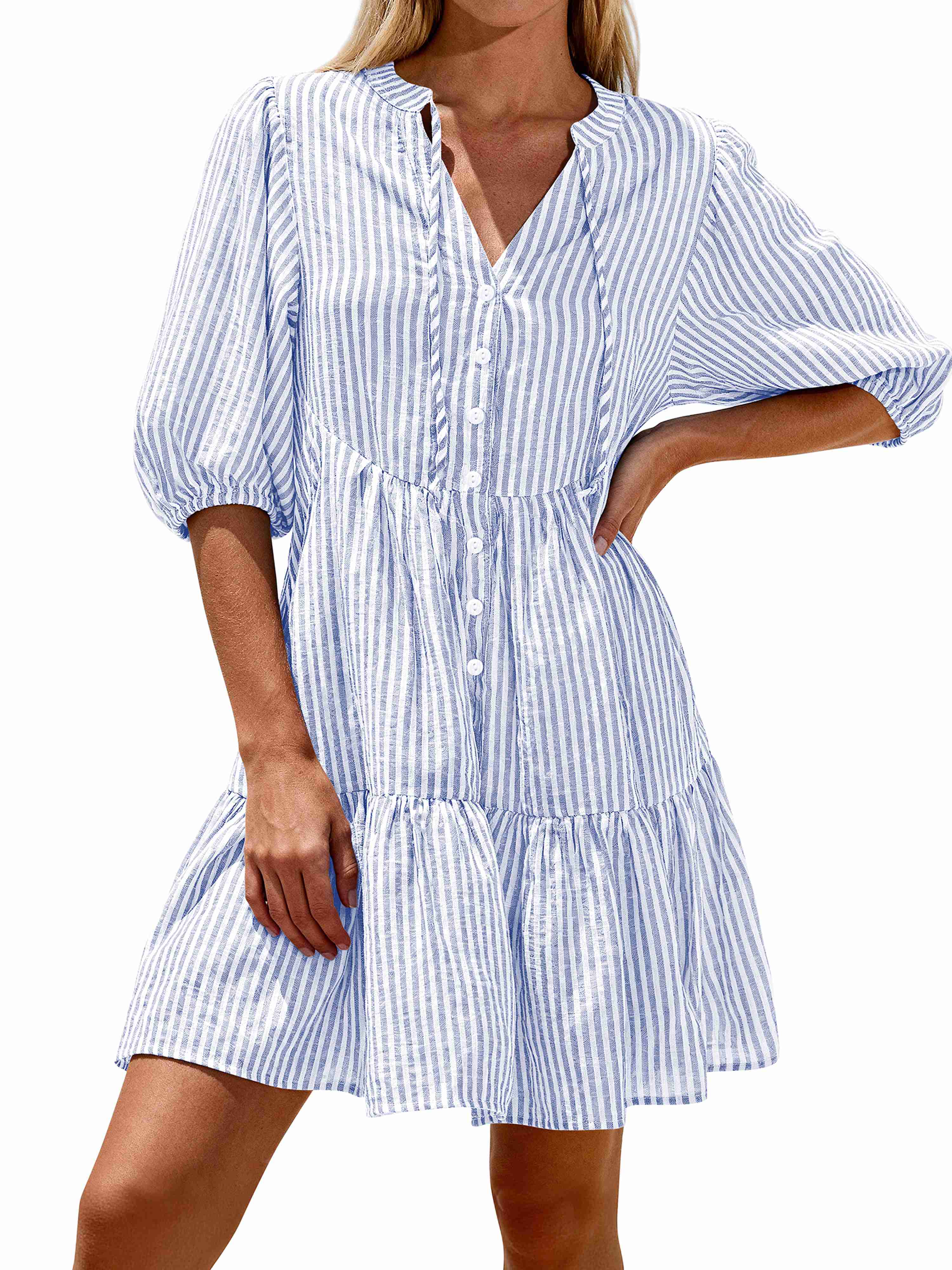 BTFBM Women Summer Dresses 2026 Striped Mini Dress Half Sleeve Button Down Tiered Flowy Beach Vacation Outfits Pockets