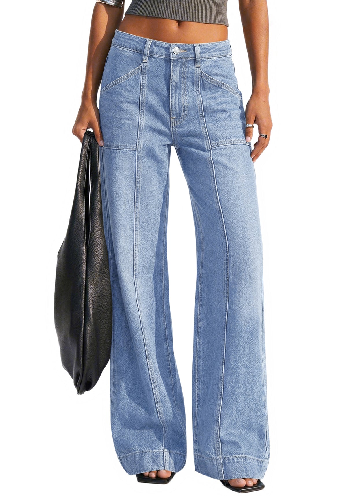 BTFBM Women's Wide Leg Jeans High Waisted Stretchy Straight Leg Baggy Jeans Trendy Front Seam Loose Denim Pants Pockets