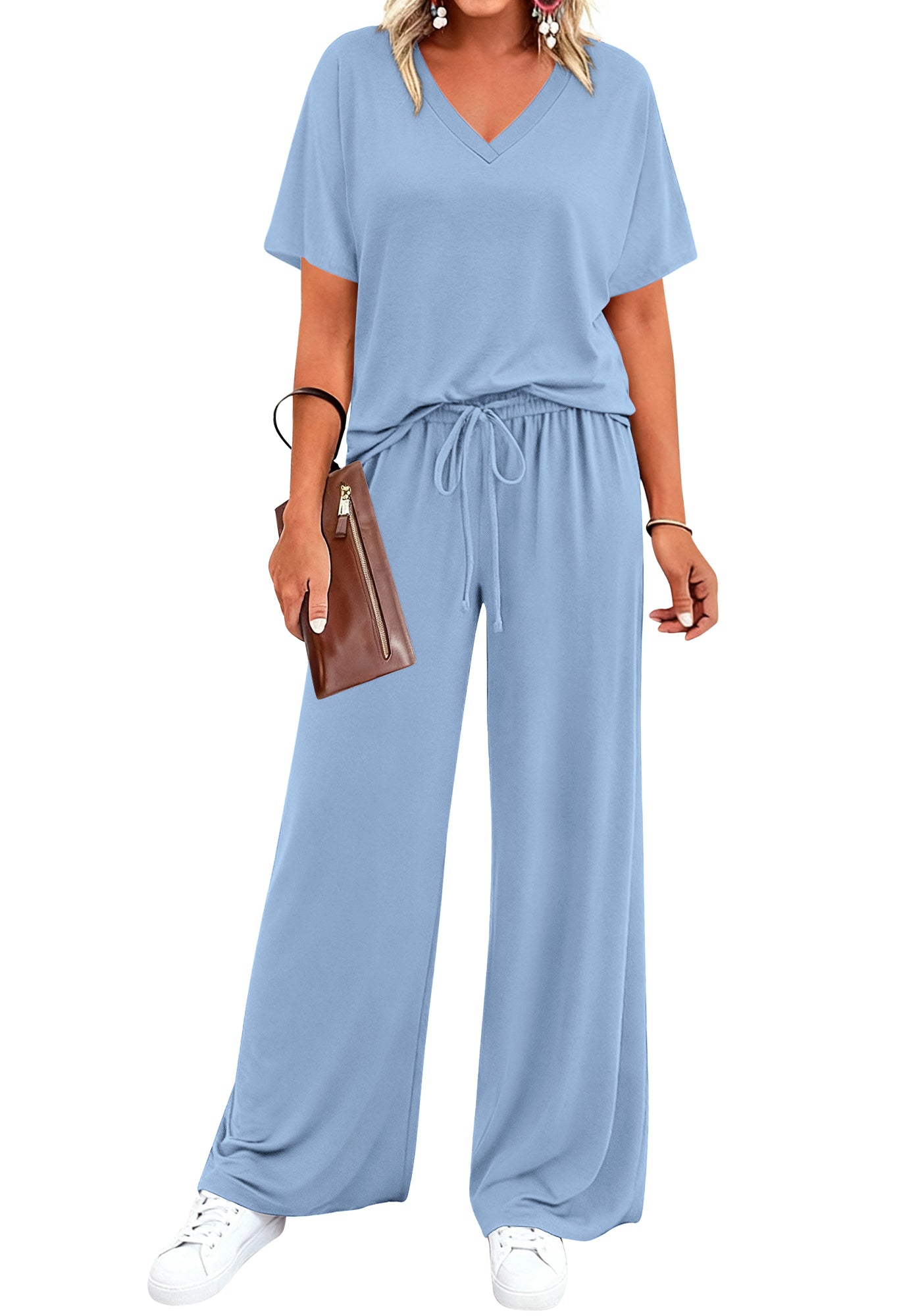 BTFBM 2 Piece Sets for Women Summer V Neck Short Sleeve Lounge Set Wide Leg Pants Matching Set Airport Travel Outfits