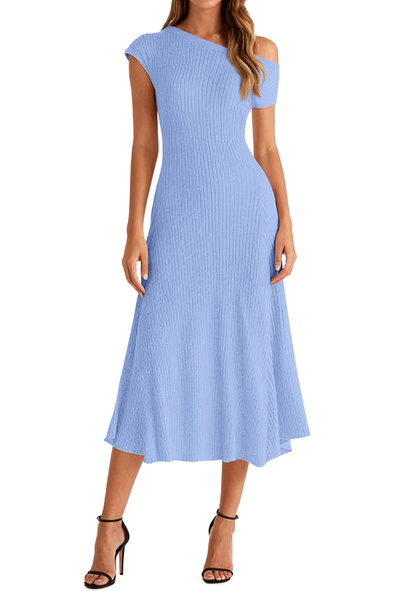BTFBM Womens Spring Dresses 2026 Asymmetrical Neck Short Sleeve Pleated Swing Knit Midi Dress Business Casual