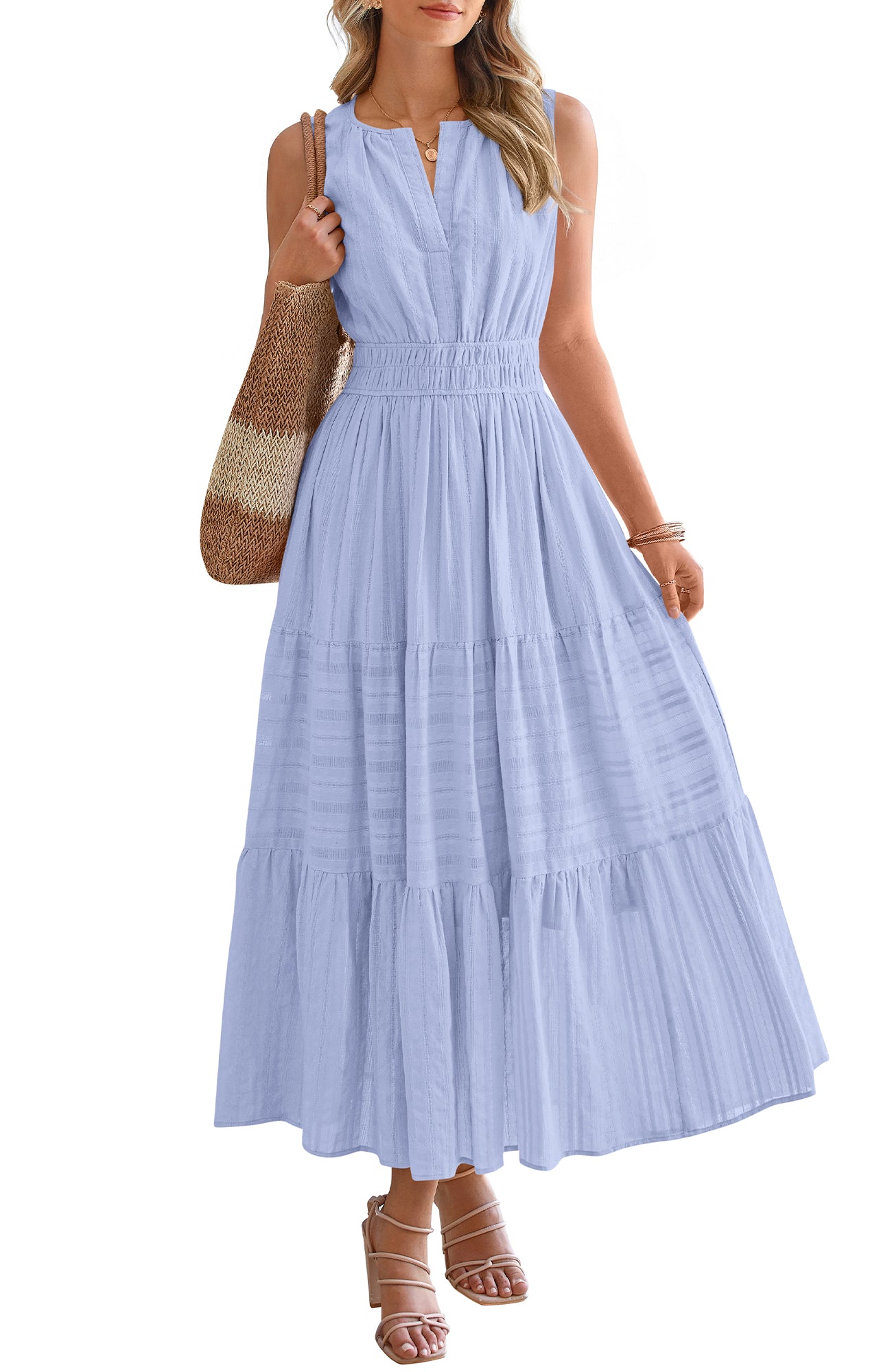 BTFBM Summer Dresses for Women 2026 Sleeveless Boho V Neck A Line Flowy Spring Casual Maxi Dress Beach Vacation Pockets