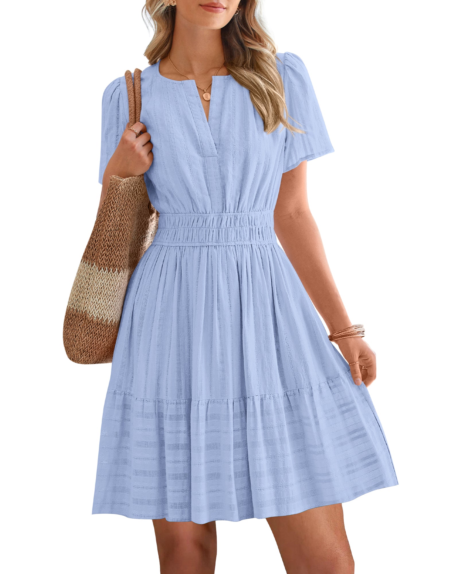BTFBM Womens Spring 2026 Casual Mini Dresses Lightweight Short Sleeve V Neck Elastic Waist Cute Boho Beach Dress Pockets