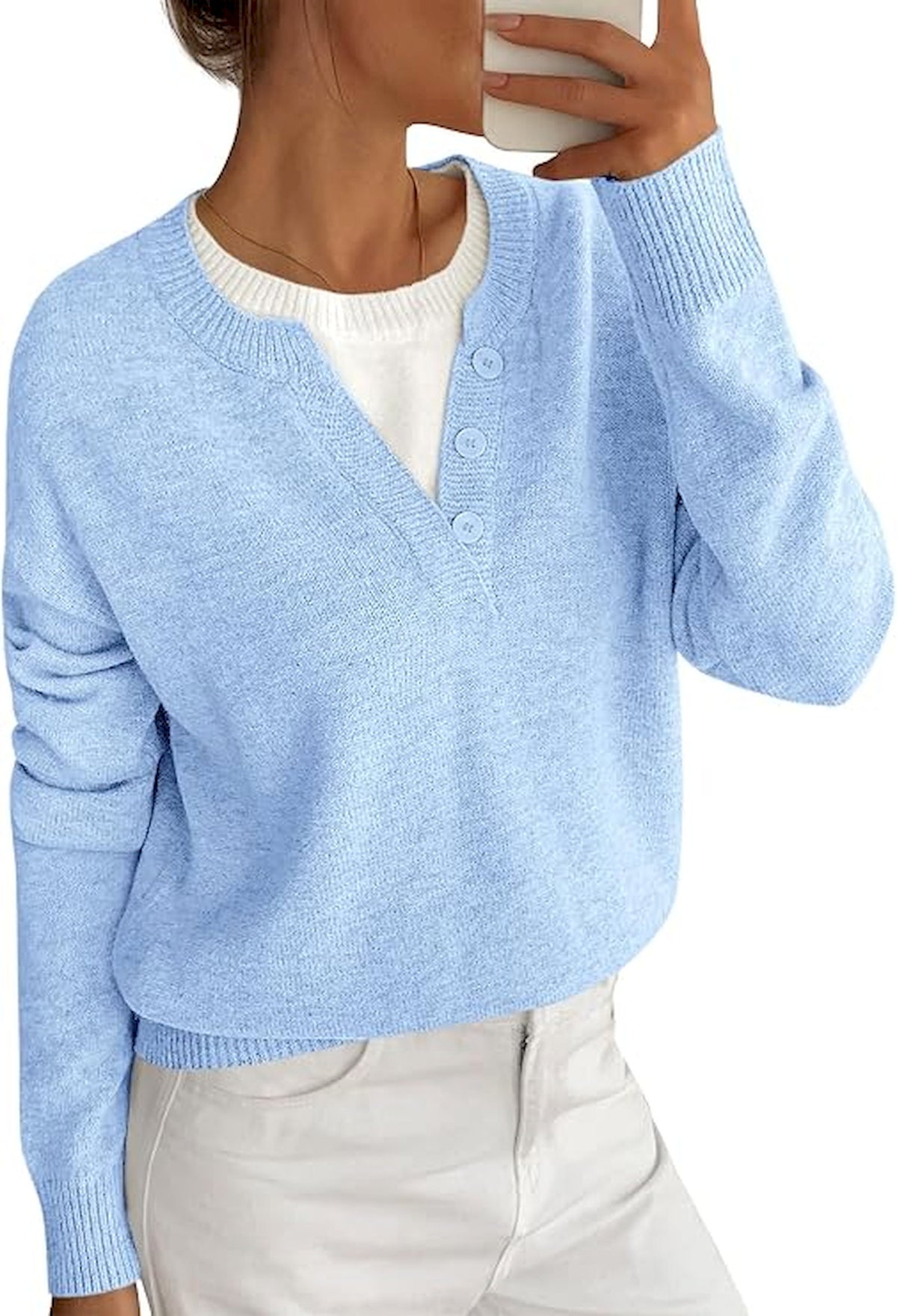 BTFBM Women Long Sleeve Crew Neck Sweaters  Tops, 2 in1 Knitted Pullover, Deco Buttons, Oversized, Stretchy, Vacation, Business Casual Outfits, Fall Winter Trendy 2026