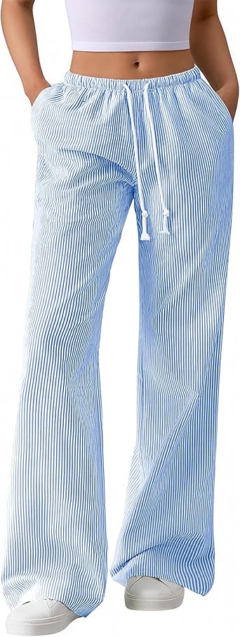 BTFBM Striped Wide Leg Pants for Women Spring Summer 2026 Drawstring Lounge PJ Beach Bottoms Casual Trousers Pockets