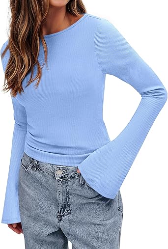 BTFBM Long Sleeve Shirts for Women 2026 Spring Y2K Clothes Casual Boat Neck Bell Sleeve Fitted Fall Going Out Tops