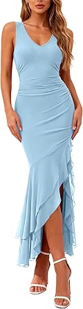 BTFBM Summer Dresses for Women 2026 Bodycon Ruched Sleeveless V Neck Solid Maxi Cocktail Wedding Guest Dress