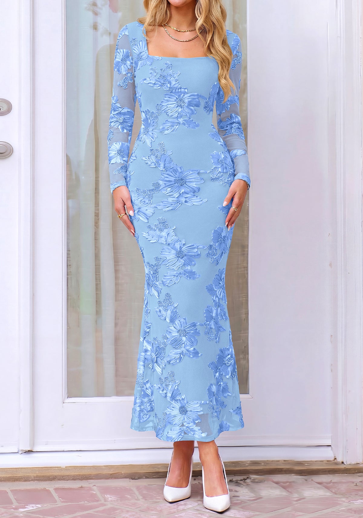 BTFBM Womens Long Sleeve Bodycon Floral Mesh Maxi Fall Wedding Guest Dress