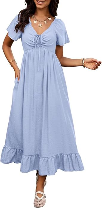 BTFBM Womens Spring Dresses 2025 Casual Short Sleeve V Neck Drawstring Wedding Guest Maxi Dresses Boho Beach Long Dress