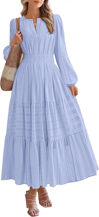 BTFBM Fall Dresses for Women 2025 Casual Long Sleeve V Neck Elastic Waist Lightweight Maxi Wedding Guest Dress Pockets