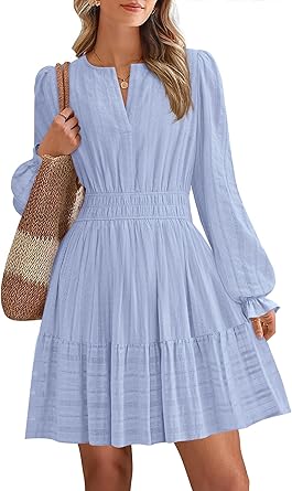 BTFBM Mini Dresses for Women 2025 Casual Lightweight Long Sleeve V Neck A Line Elastic Waist Party Holiday Dress