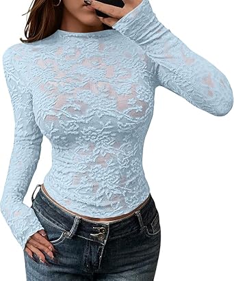 BTFBM Mesh Long Sleeve Tops for Women Lace Sexy Sheer Tight See Through Crew Neck Spring Fall 2026 Party Club Outfits