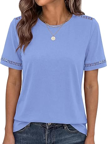 BTFBM Womens Summer Tops Lace Short Sleeve Shirts 2026 Spring Casual Loose Crew Neck Cotton Knit Cute Business Blouses