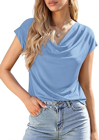 BTFBM Blouses for Women Dressy Casual Spring Summer Tops 2026 Cowl Neck Short Sleeve Shirts Work Office Business Outfits