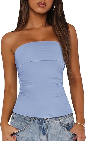 BTFBM Womens Strapless Tube Tops Spring Summer Clothes 2026 Trendy Casual Ruched Stretchy Going Out Bodycon Bandeau Top