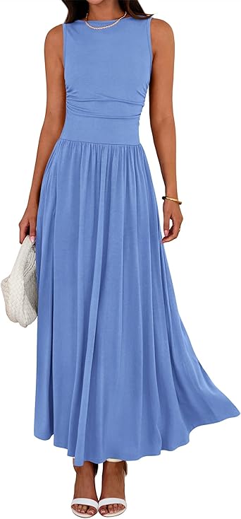 BTFBM Summer Maxi Dresses for Women 2026 Spring Sleeveless Casual Ruched High Waisted Long Sundress Flowy Beach Dress