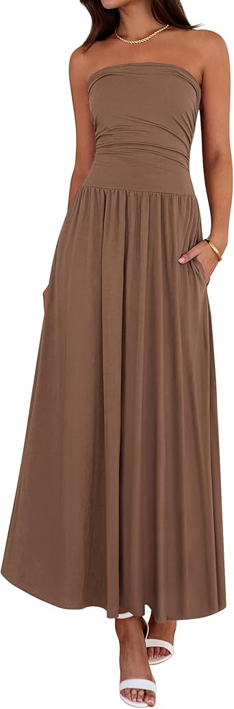 BTFBM Summer Maxi Dresses for Women 2026 Strapless Ruched Tube Top Beach Vacation Spring Wedding Guest Dress Pockets