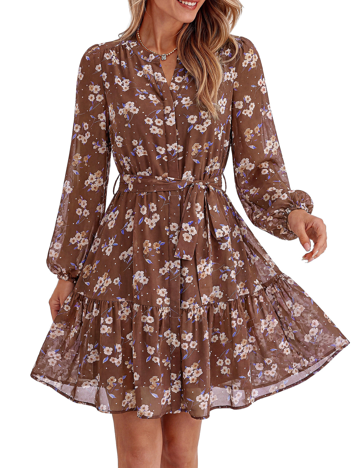BTFBM Womens Dresses Fall Chiffon Floral V Neck Long Sleeve Mini Dress  | Hidden Button Down, Flowy A Line Boho Casual Dress, Fashion Clothing 2026, Cocktail Party Holiday Wedding Guest Dresses