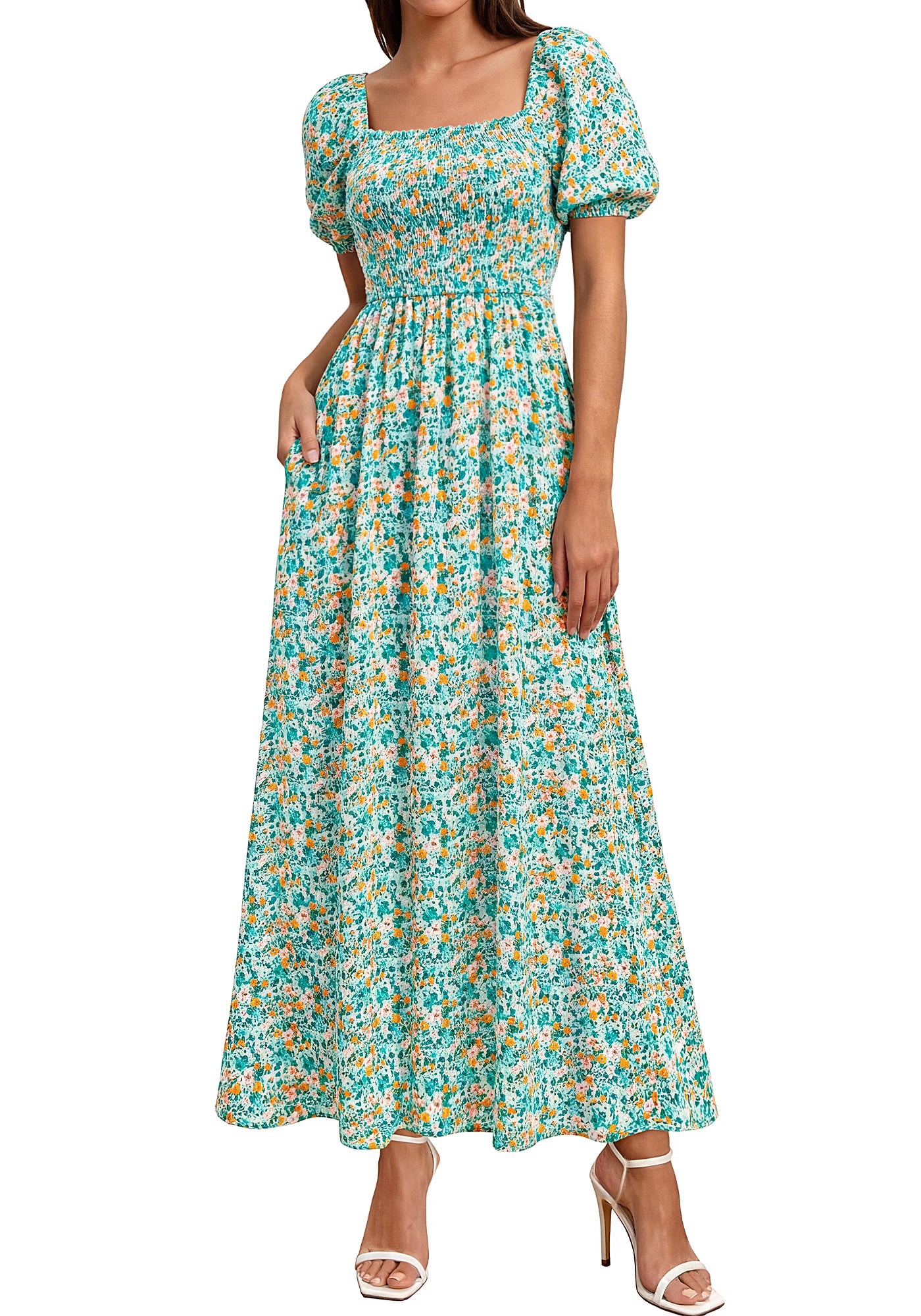 BTFBM Womens Spring Summer Dresses 2026 Square Neck Puff Short Sleeve Smocked Floral Boho Beach Wedding Guest Maxi Dress