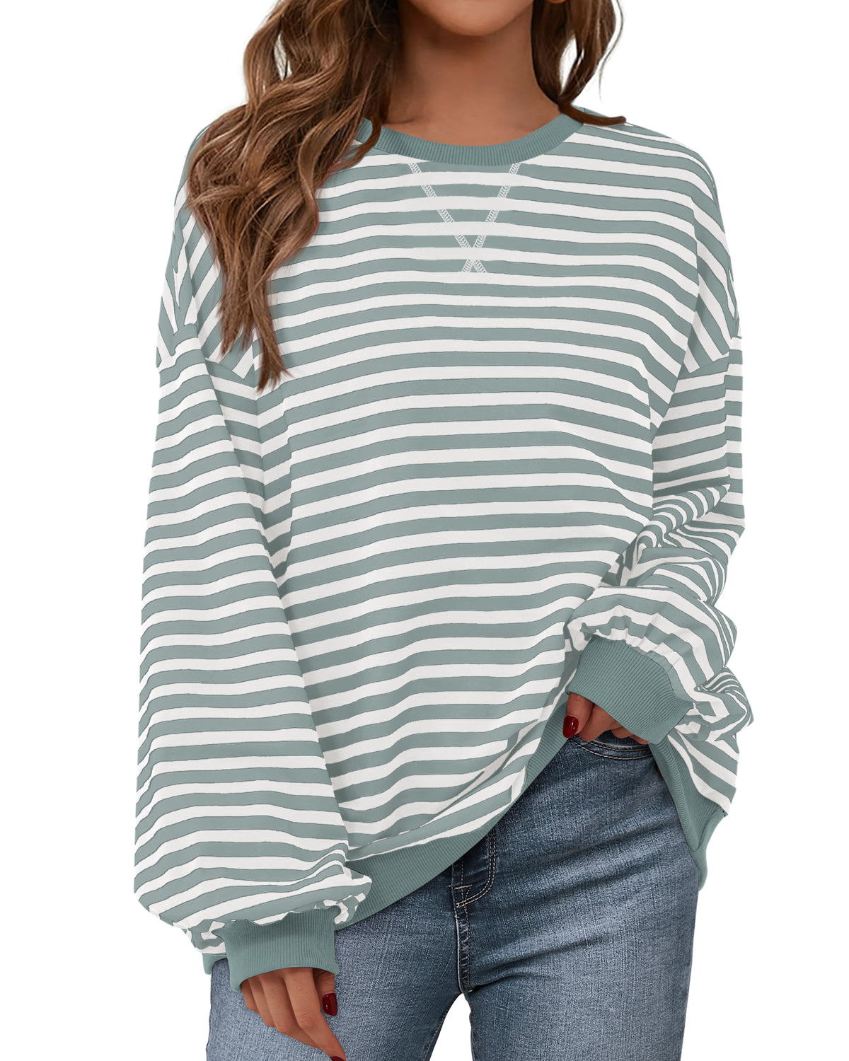 BTFBM Sweatshirt For Women 2026 Summer Crewneck Long Sleeve Oversized Striped Pullover Tops Y2K Clothes Workout Shirt