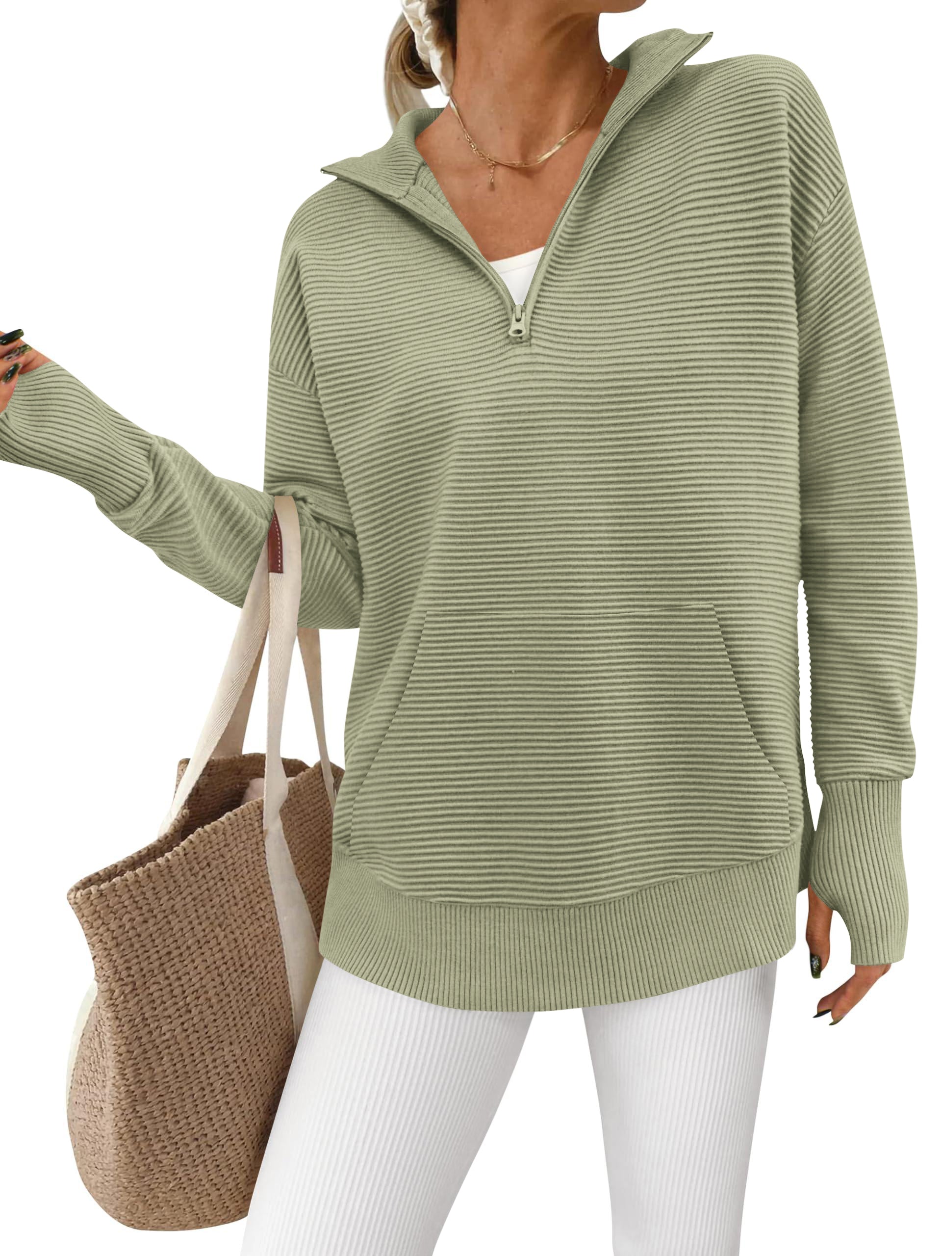 BTFBM Sweaters for Women Fall Clothes 2026 Pocket Quarter Zip Pullover V Neck Long Sleeve Knit Trendy Winter Sweater