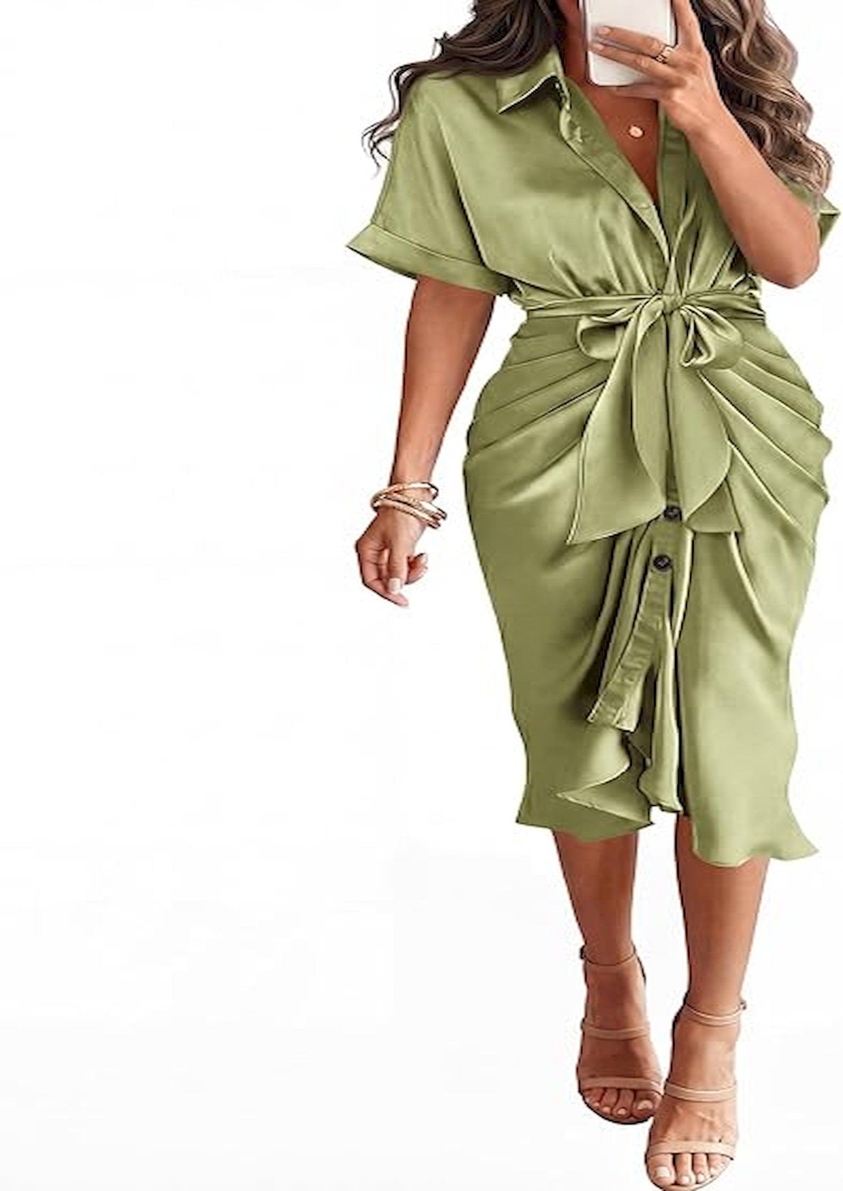 BTFBM Dresses for Women Summer Button Short Sleeve Silk Satin Ruched Spring Maxi Dress 2026 Cocktail Party Wedding