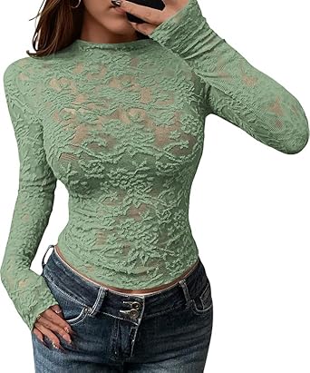BTFBM Mesh Long Sleeve Tops for Women Lace Sexy Sheer Tight See Through Crew Neck Spring Fall 2026 Party Club Outfits