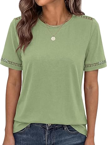 BTFBM Womens Summer Tops Lace Short Sleeve Shirts 2026 Spring Casual Loose Crew Neck Cotton Knit Cute Business Blouses