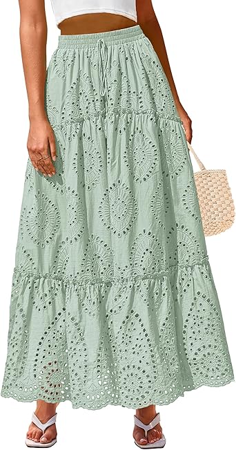 BTFBM Boho Long Skirts for Women Spring Summer 2026 Lace Embroidery High Waist Flowy Tiered Maxi Skirt Beach Vacation