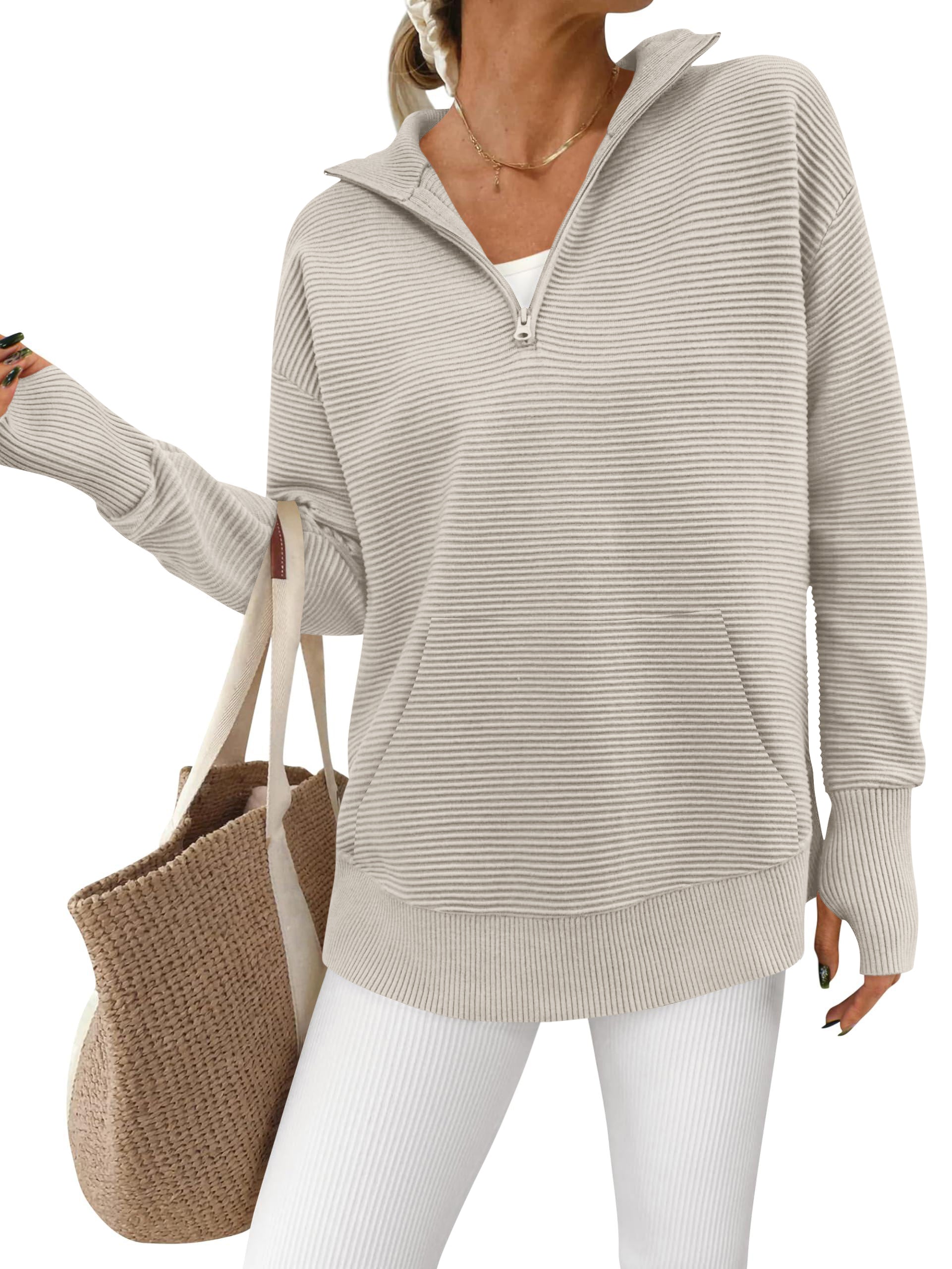 BTFBM Sweaters for Women Fall Clothes 2026 Pocket Quarter Zip Pullover V Neck Long Sleeve Knit Trendy Winter Sweater