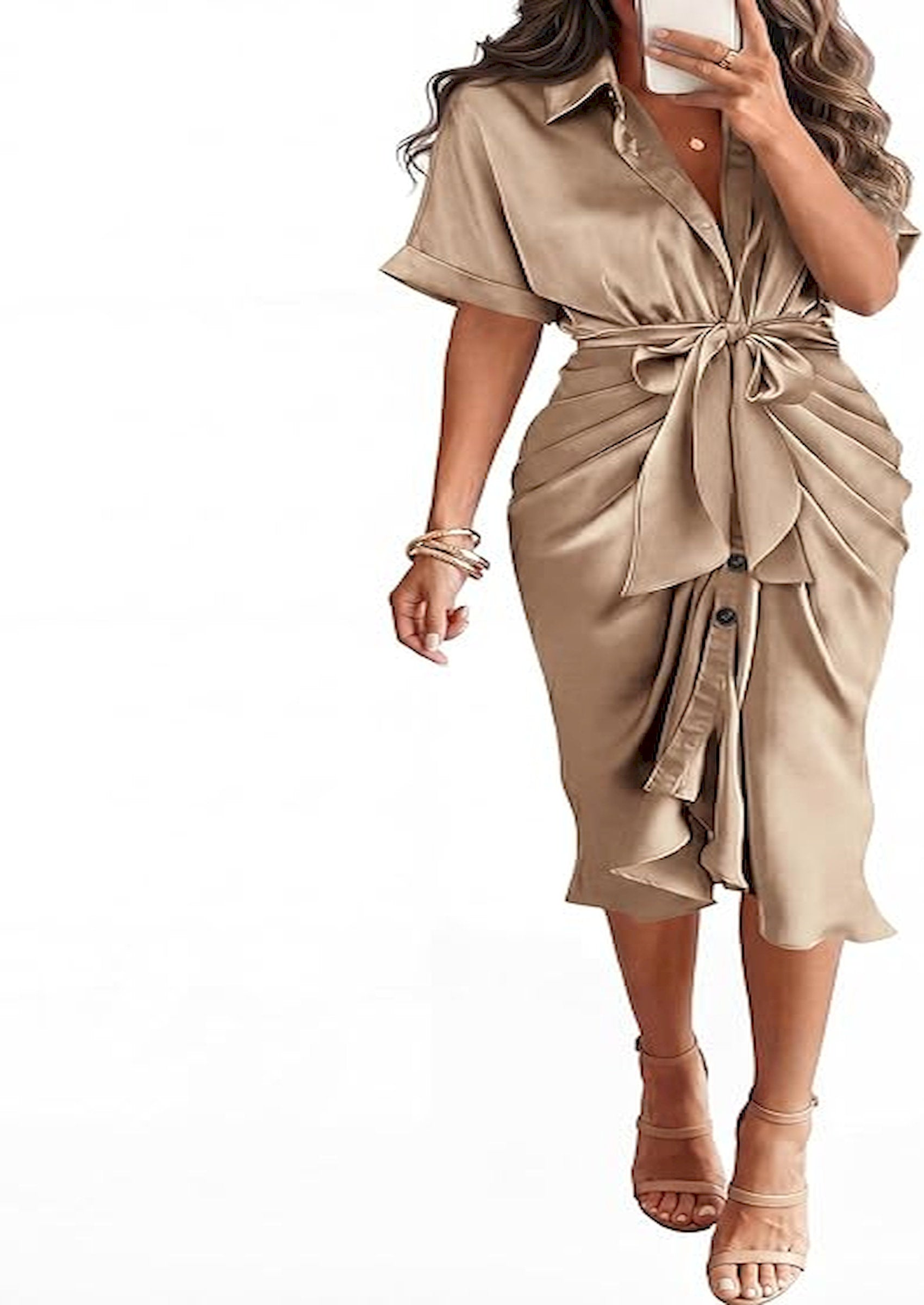 BTFBM Dresses for Women Summer Button Short Sleeve Silk Satin Ruched Spring Maxi Dress 2026 Cocktail Party Wedding