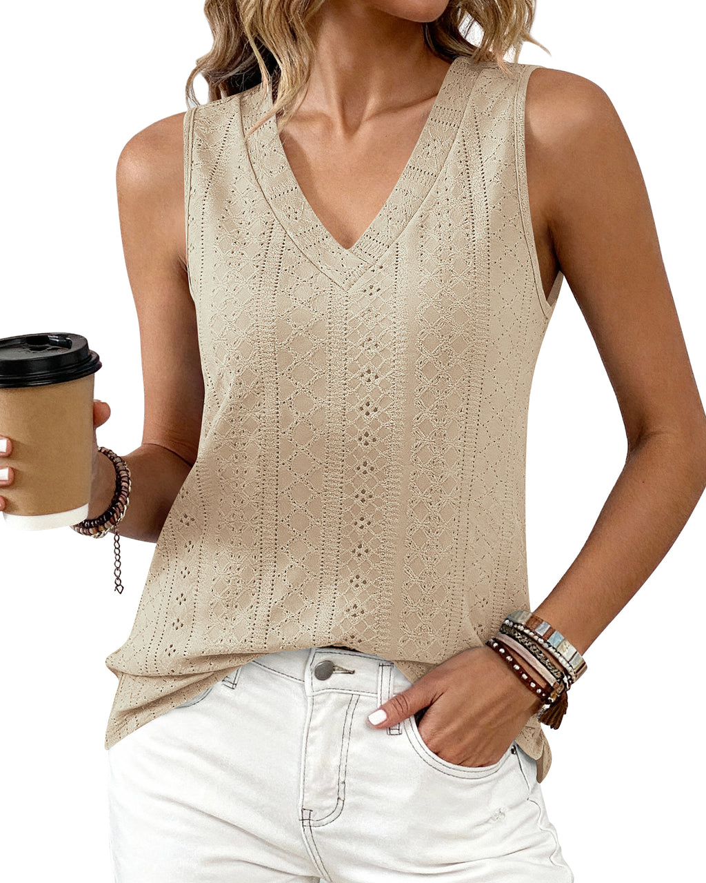 BTFBM Womens Tank Tops 2026 Summer Eyelet Crossed V Neck Sleeveless Casual Loose Fit Basic Spring Top Vacation Outfits