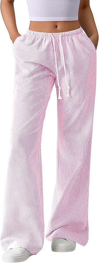 BTFBM Striped Wide Leg Pants for Women Spring Summer 2026 Drawstring Lounge PJ Beach Bottoms Casual Trousers Pockets