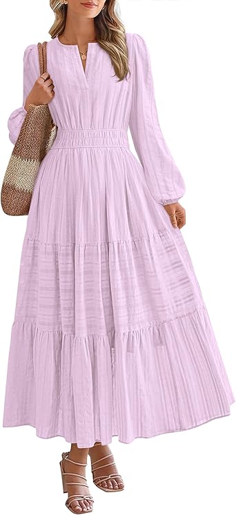 BTFBM Fall Dresses for Women 2025 Casual Long Sleeve V Neck Elastic Waist Lightweight Maxi Wedding Guest Dress Pockets