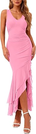 BTFBM Summer Dresses for Women 2026 Bodycon Ruched Sleeveless V Neck Solid Maxi Cocktail Wedding Guest Dress